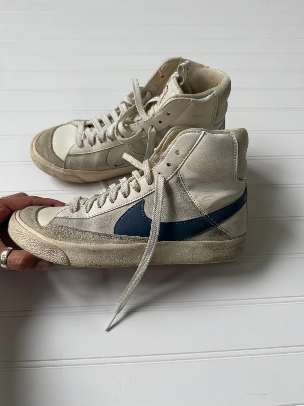 Nike Blazer Mid Top Sneakers in White and Blue Swoosh